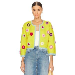 Alice + Olivia Anderson Canary Yellow Flower Crochet Cardigan Small